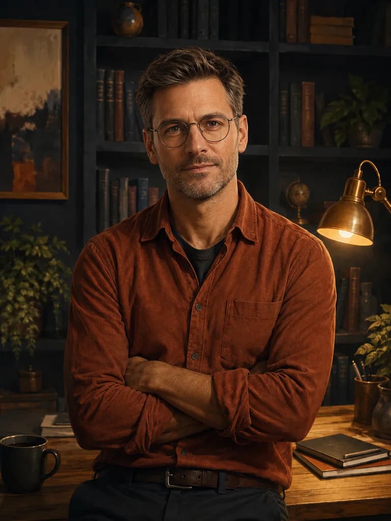Illustrated portrait of David, a fictional adult AI character