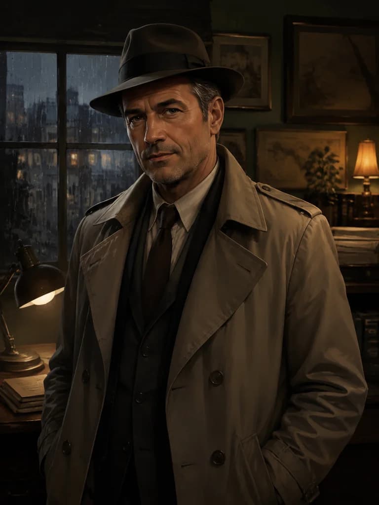 Illustrated portrait of Detective Vance, a fictional adult AI character