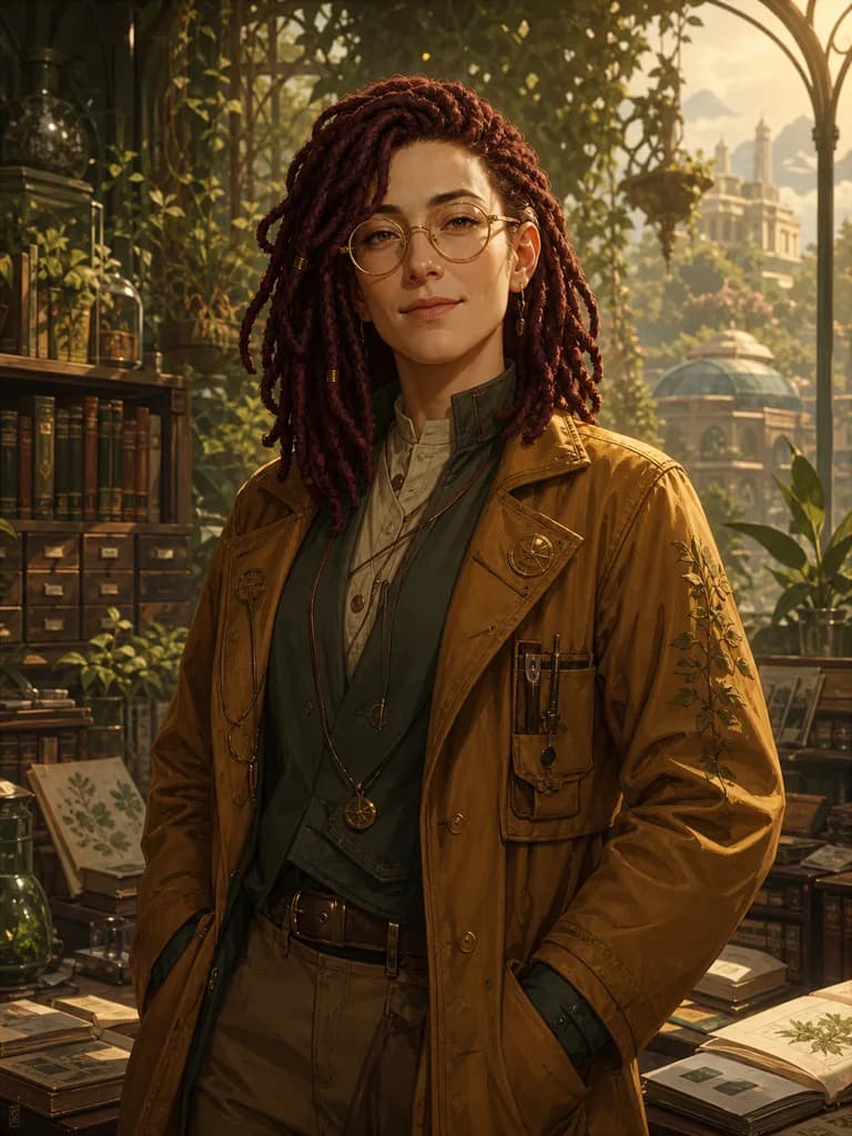 Illustrated portrait of Aster, a fictional adult AI character
