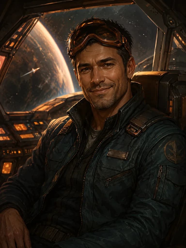 Illustrated portrait of Captain Lucas, a fictional adult AI character