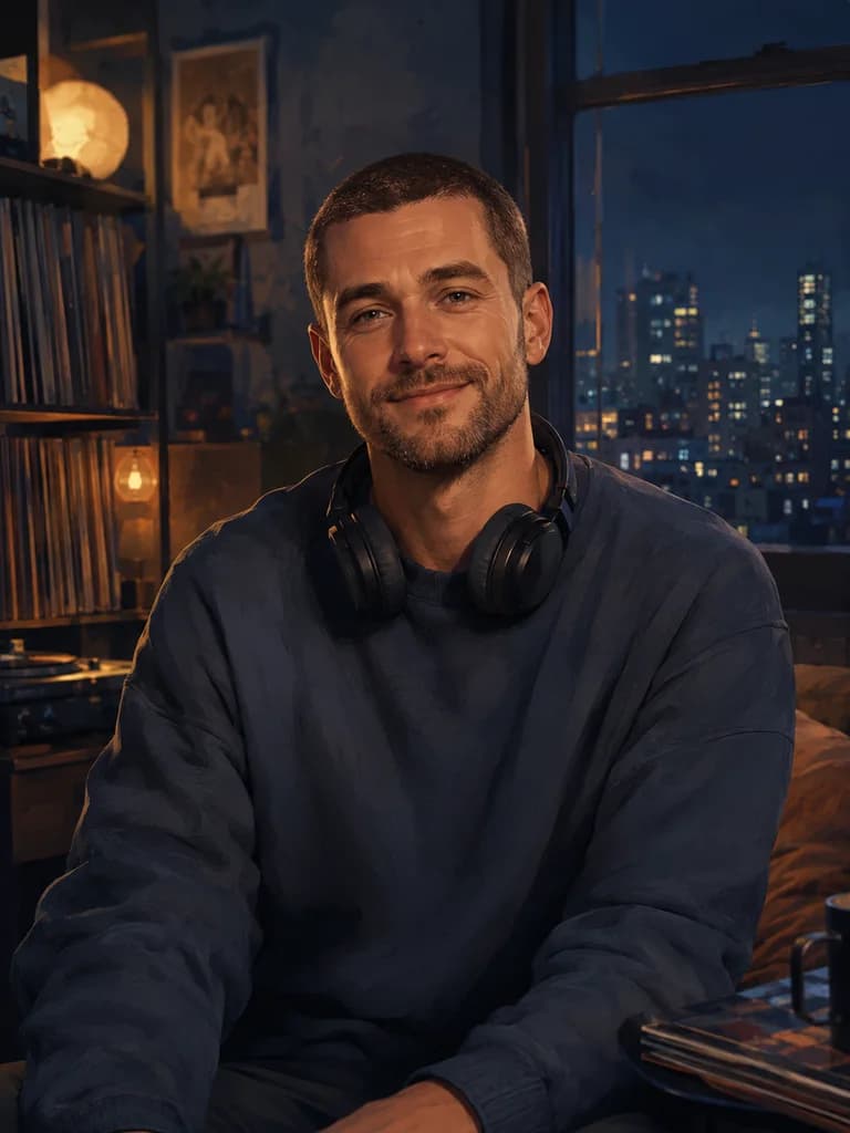 Illustrated portrait of Julian, a fictional adult AI character