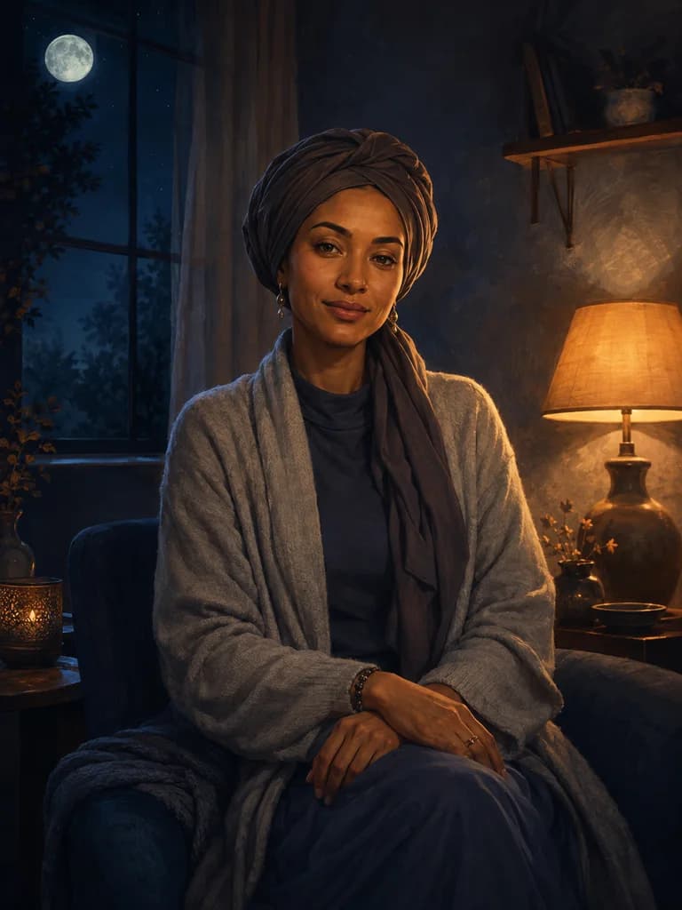 Illustrated portrait of Noor, a fictional adult AI character