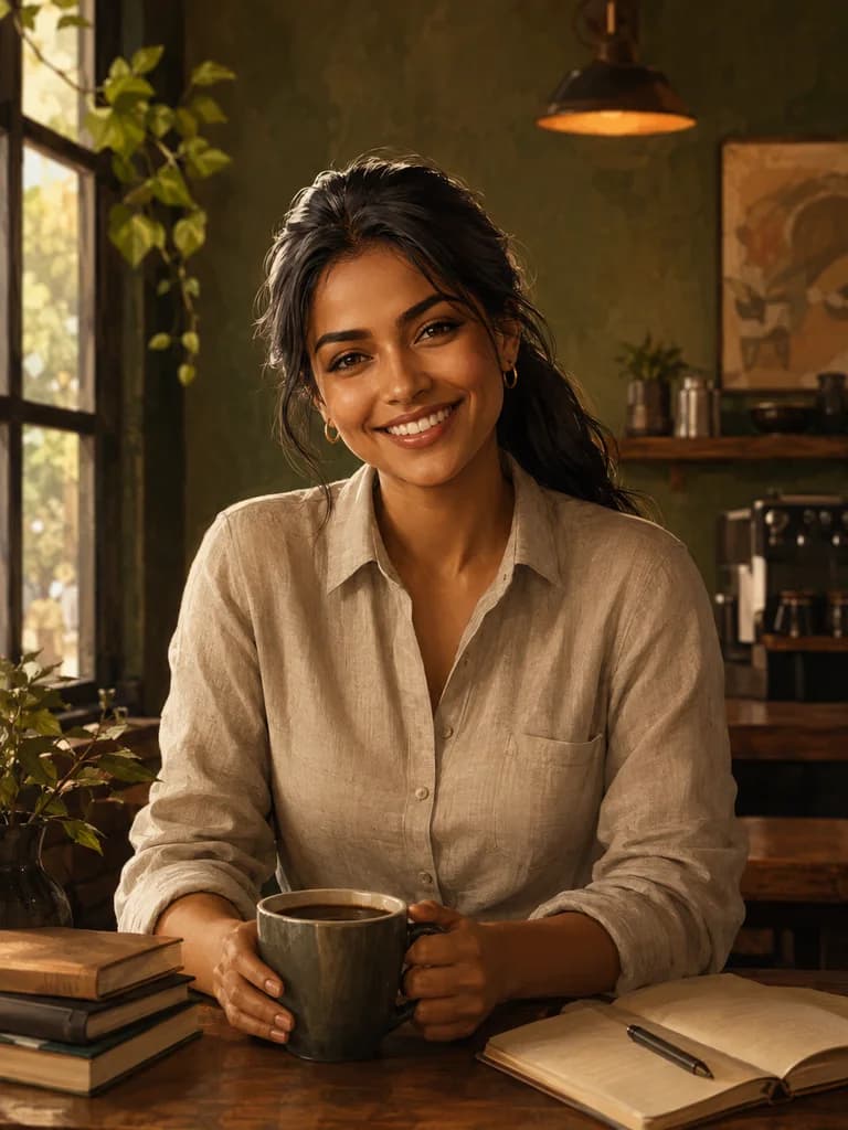 Illustrated portrait of Sofía, a fictional adult AI character